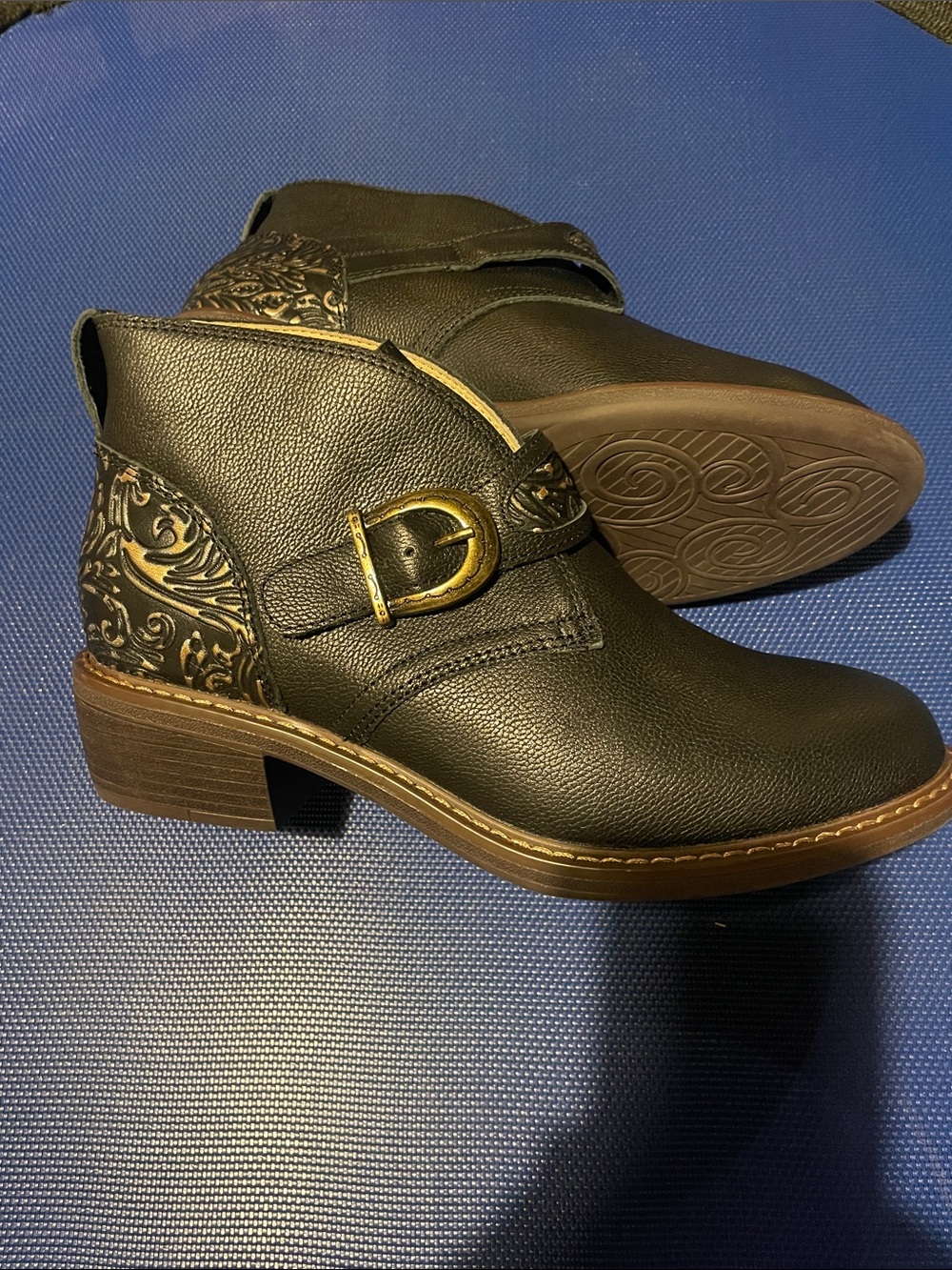 Alegria Black Ankle Boot with Embossed Heel and Gold Buckle